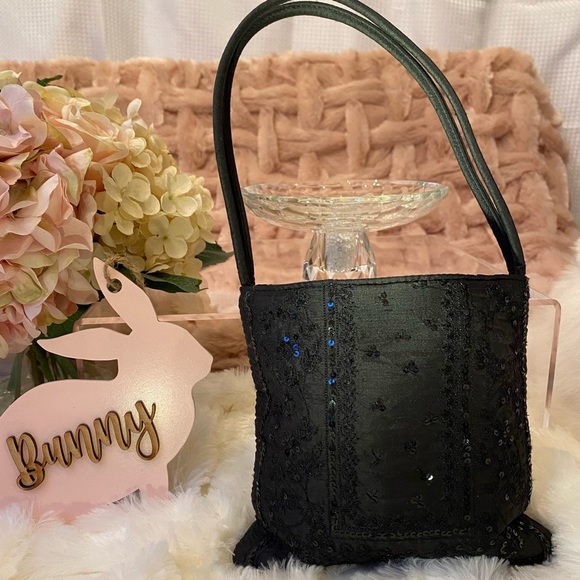 👛ANN TAYLOR👛 Sweet Black Sparkling Satin Sequined💎Handbag - Picture 6 of 15